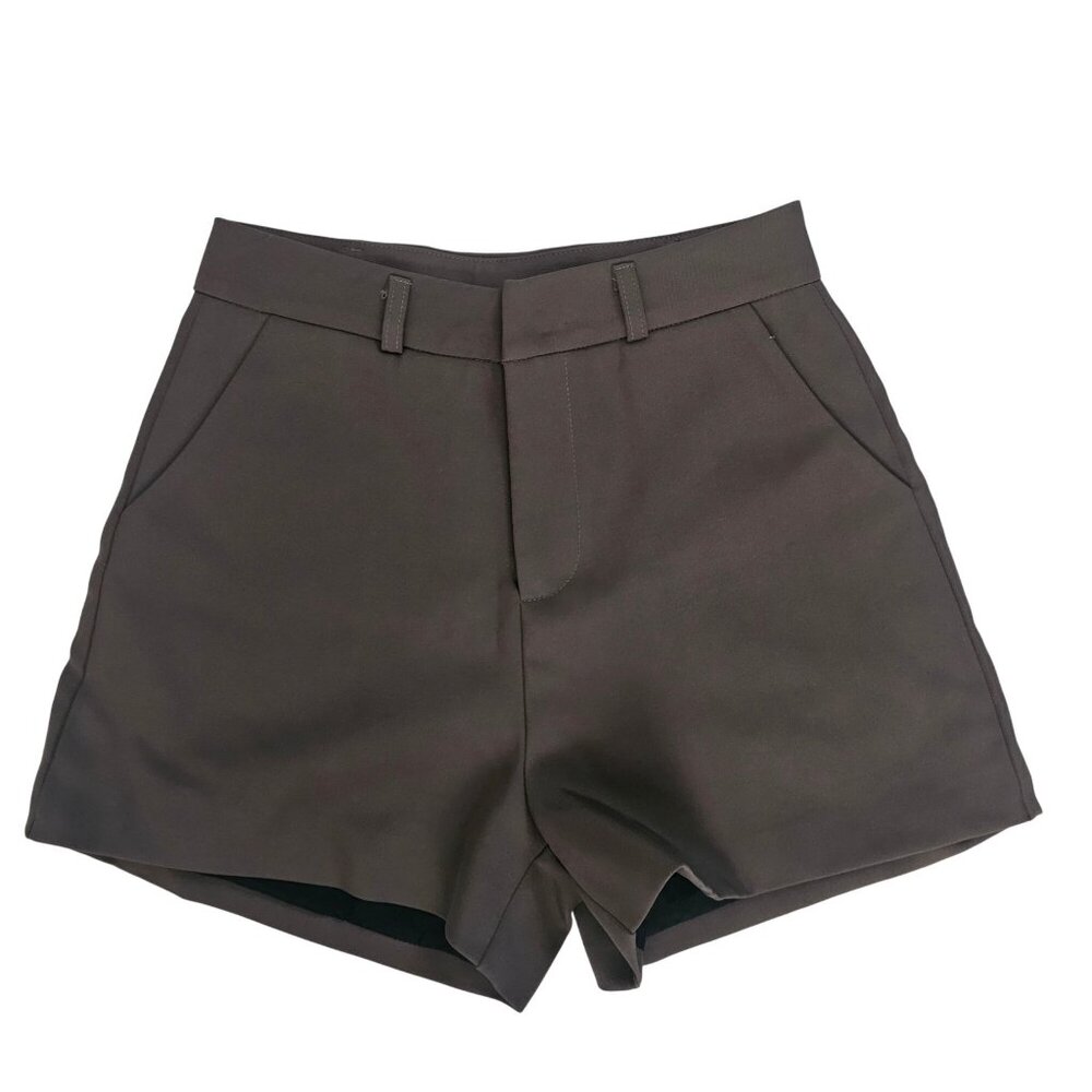 Women's Dark Brown Slant Front Pockets High-Waisted Tailored Shorts Size Medium - Picture 2 of 8
